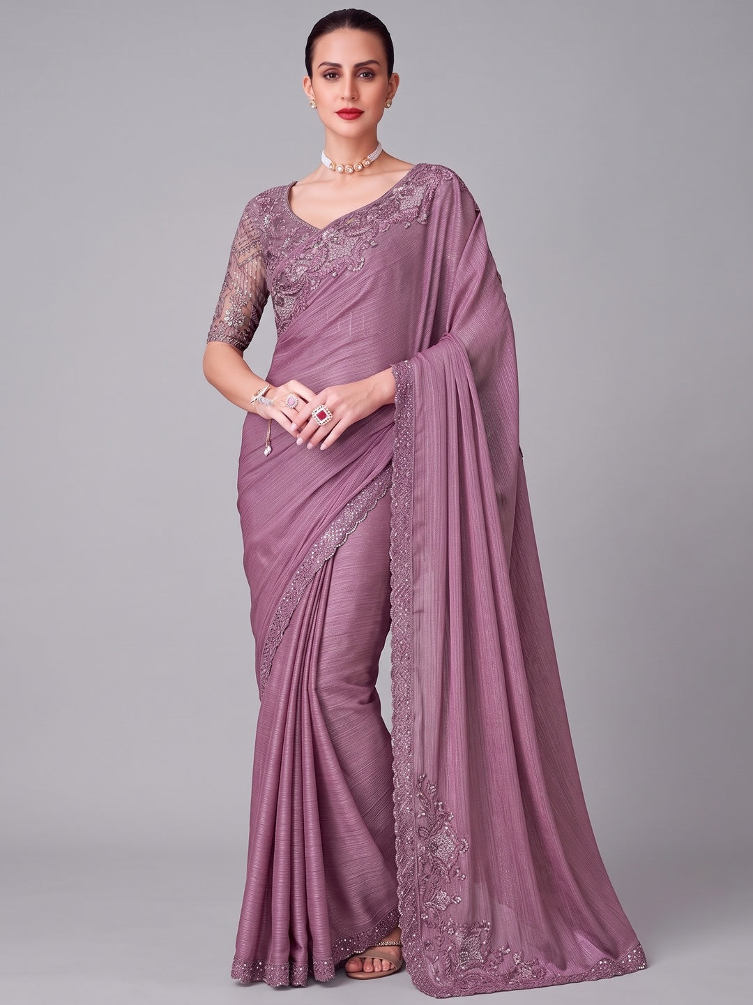 Mauve Sequins Embroidered Satin Saree - Image 1