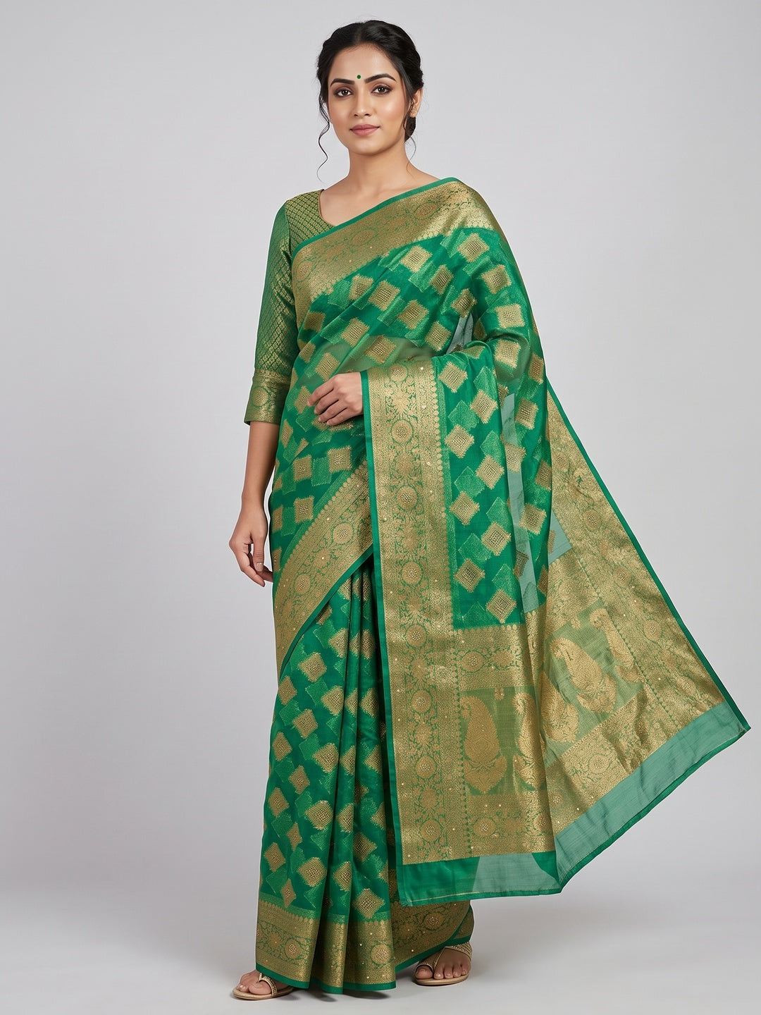Green Woven With Stonework Organza Jacquard Saree - Image 1