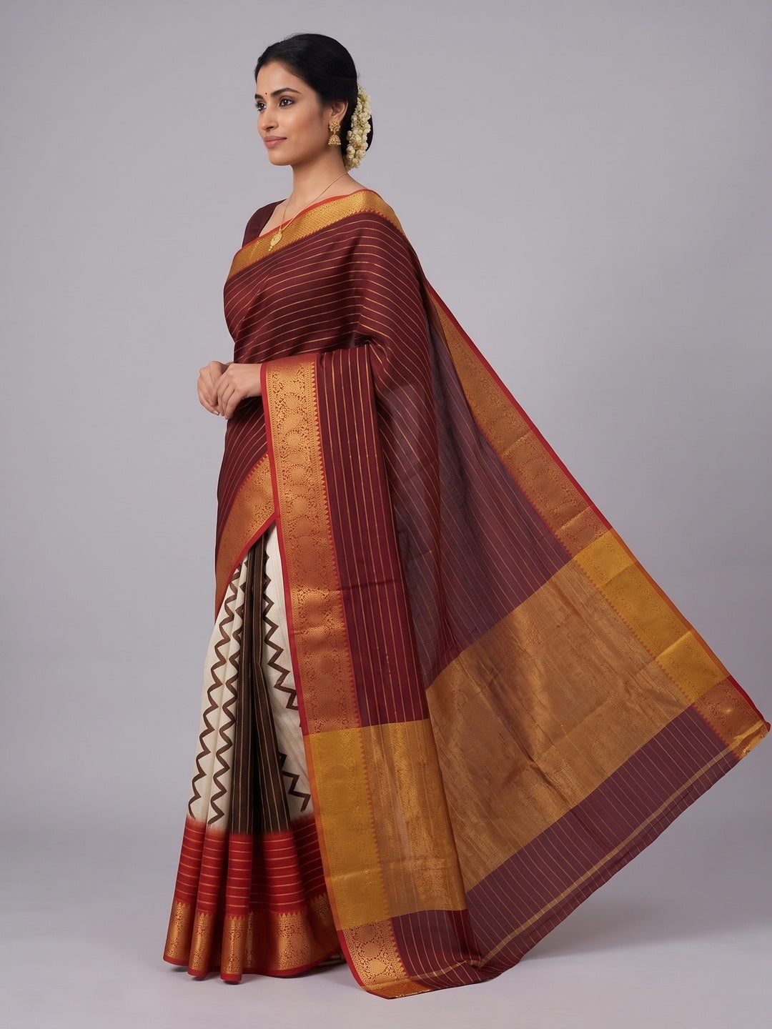 Elegant Red & Mustard Striped Weaving Georgette Saree Enhanced With Zig Zag Print Work - Image 3