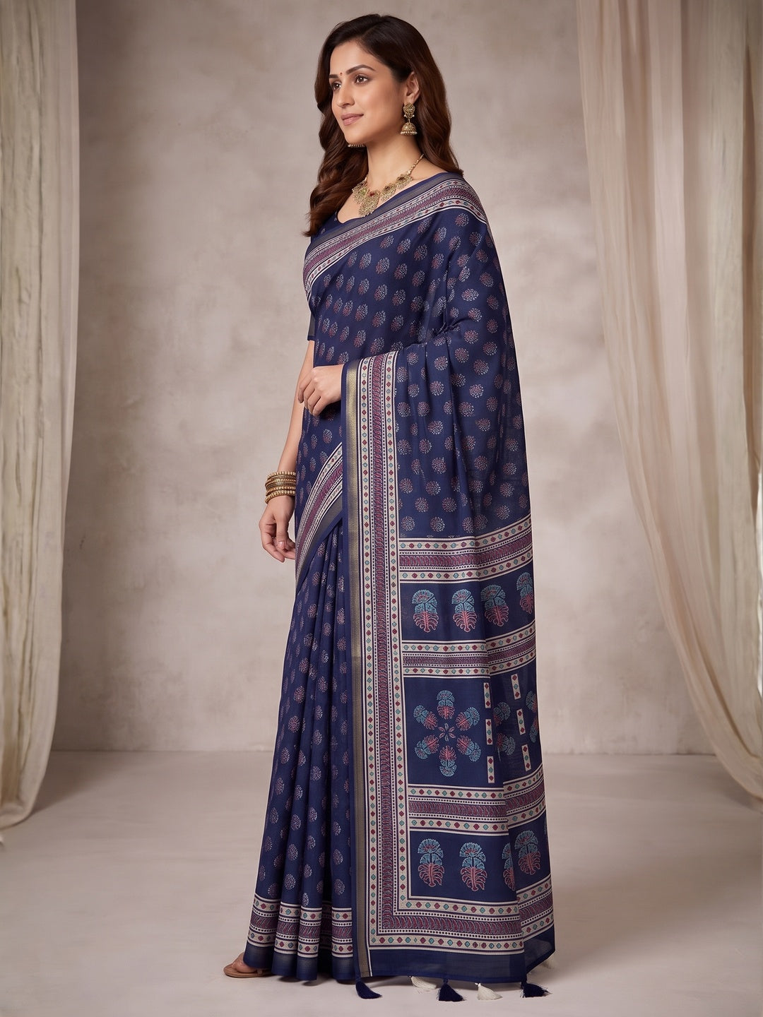Navy Blue Mulmul Cotton Saree with Ajrakh Prints and Smooth Finish - Image 3