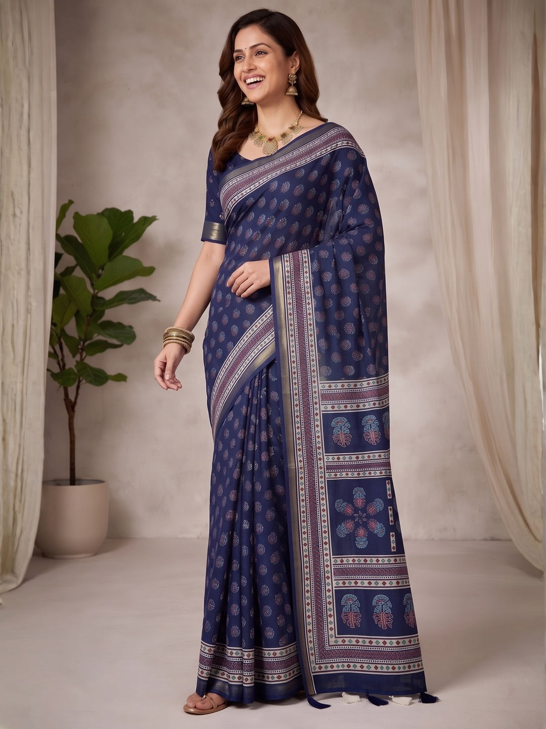 Navy Blue Mulmul Cotton Saree with Ajrakh Prints and Smooth Finish - Image 4