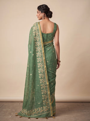 Elegant Green Linen Saree with Floral Border Print - Image 2