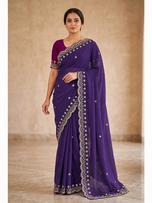 Peachmode Purple Floral Embroidered Georgette Saree - Image 1