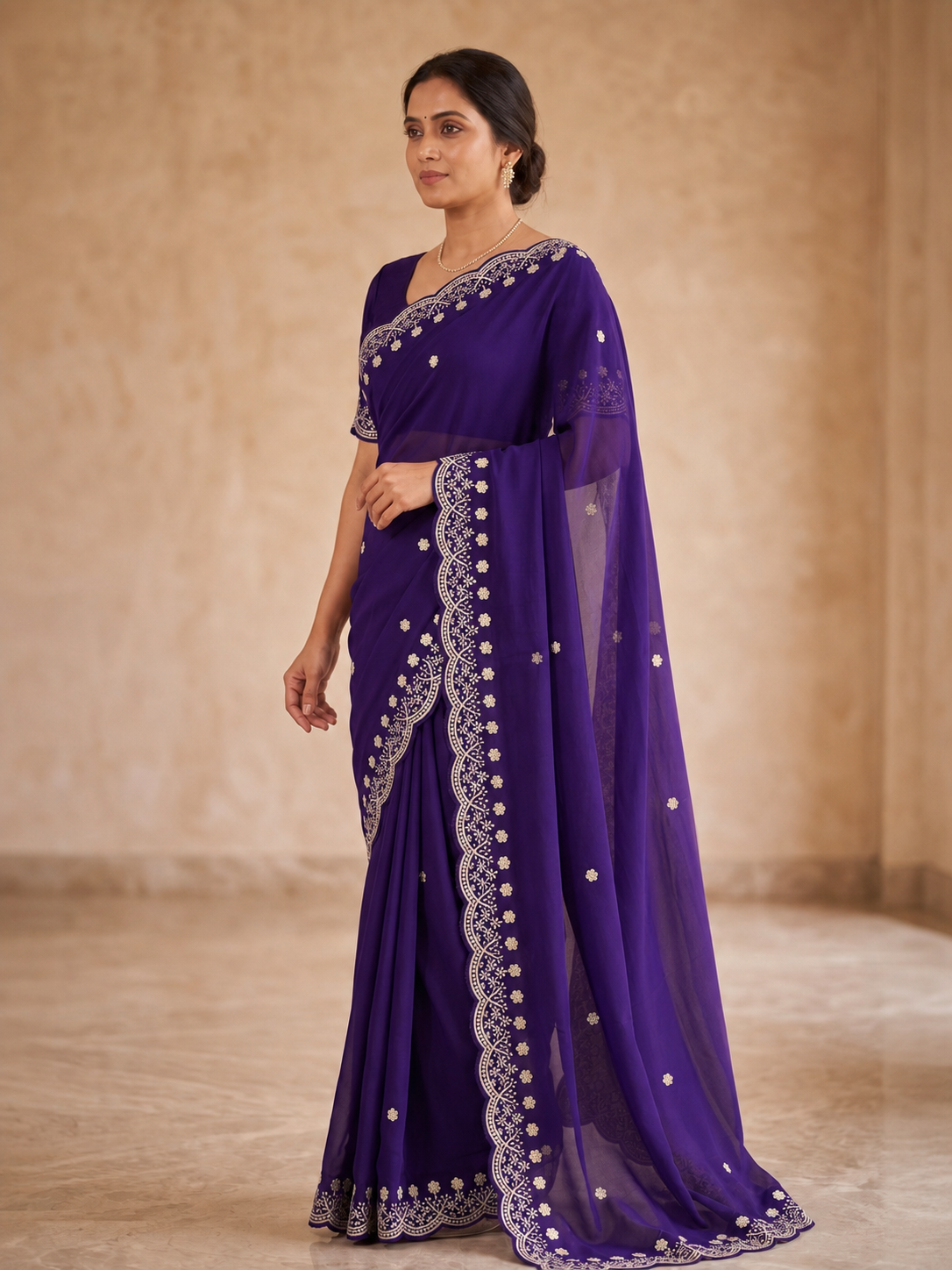 Peachmode Purple Floral Embroidered Georgette Saree - Image 5