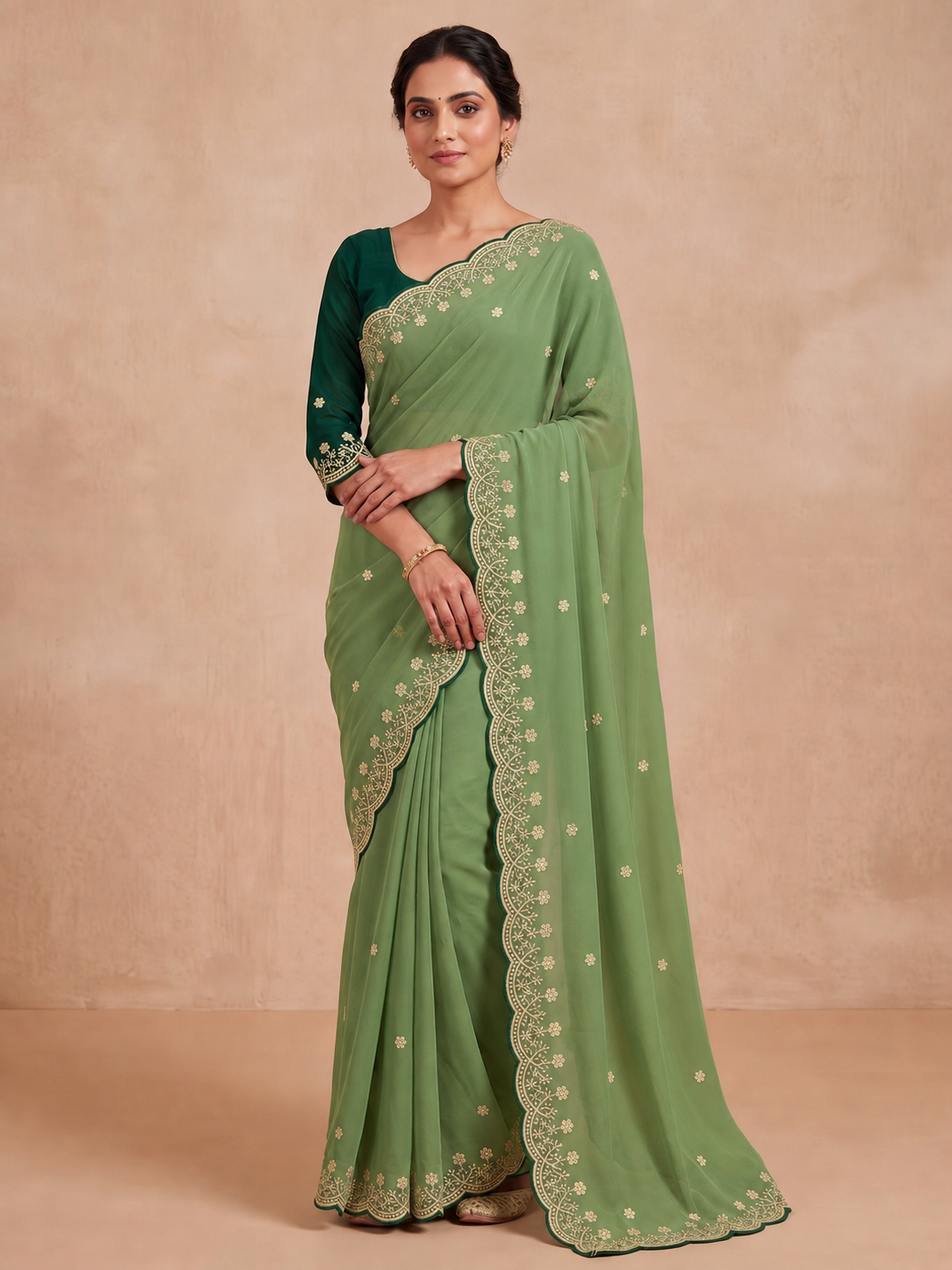 Peachmode Green Floral Embroidered Georgette Saree - Image 5