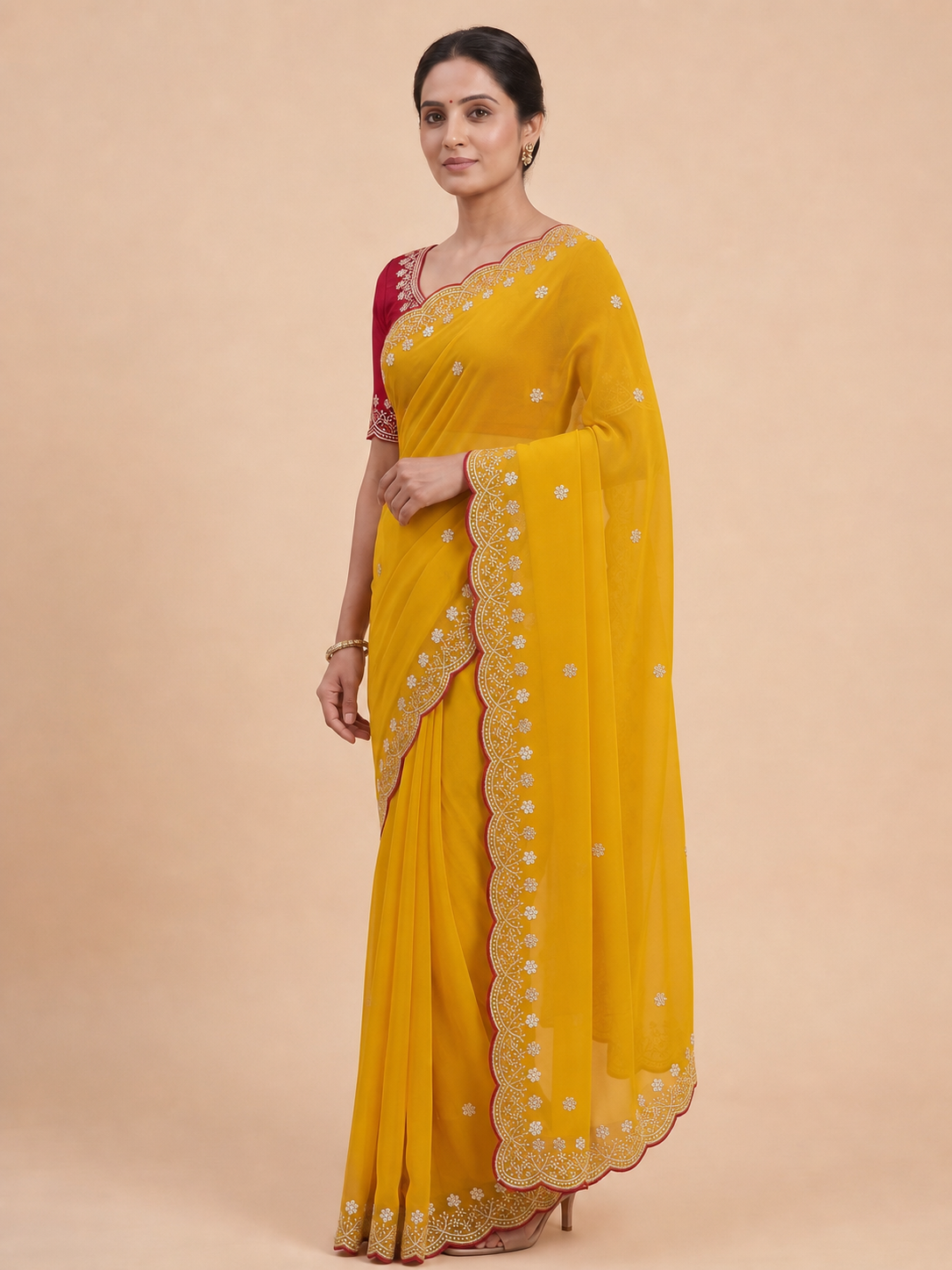 Peachmode Mustard Floral Embroidered Georgette Saree - Image 5