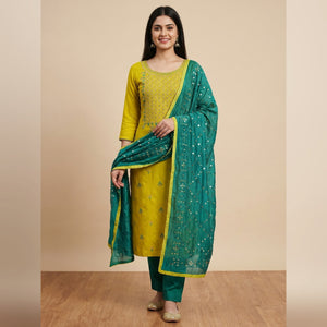 Green Floral Embroidered Modal Dress Material - Image 1