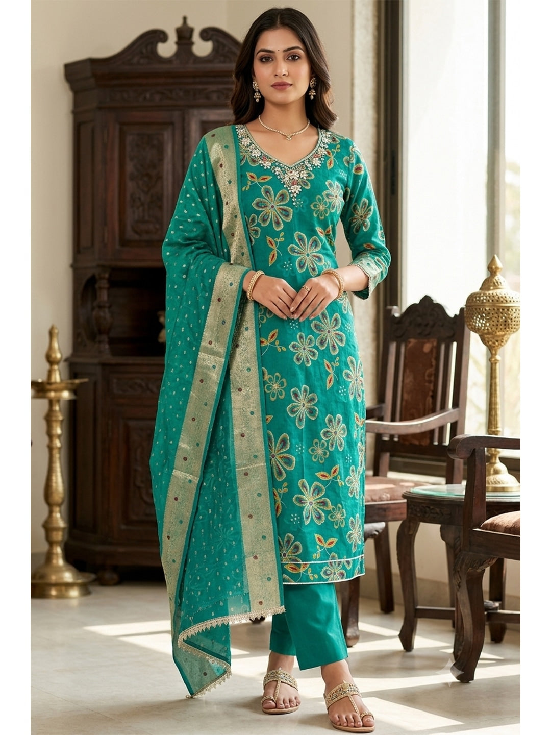 Peachmode Turquoise 11731 Unstitched Dress Material - Image 3