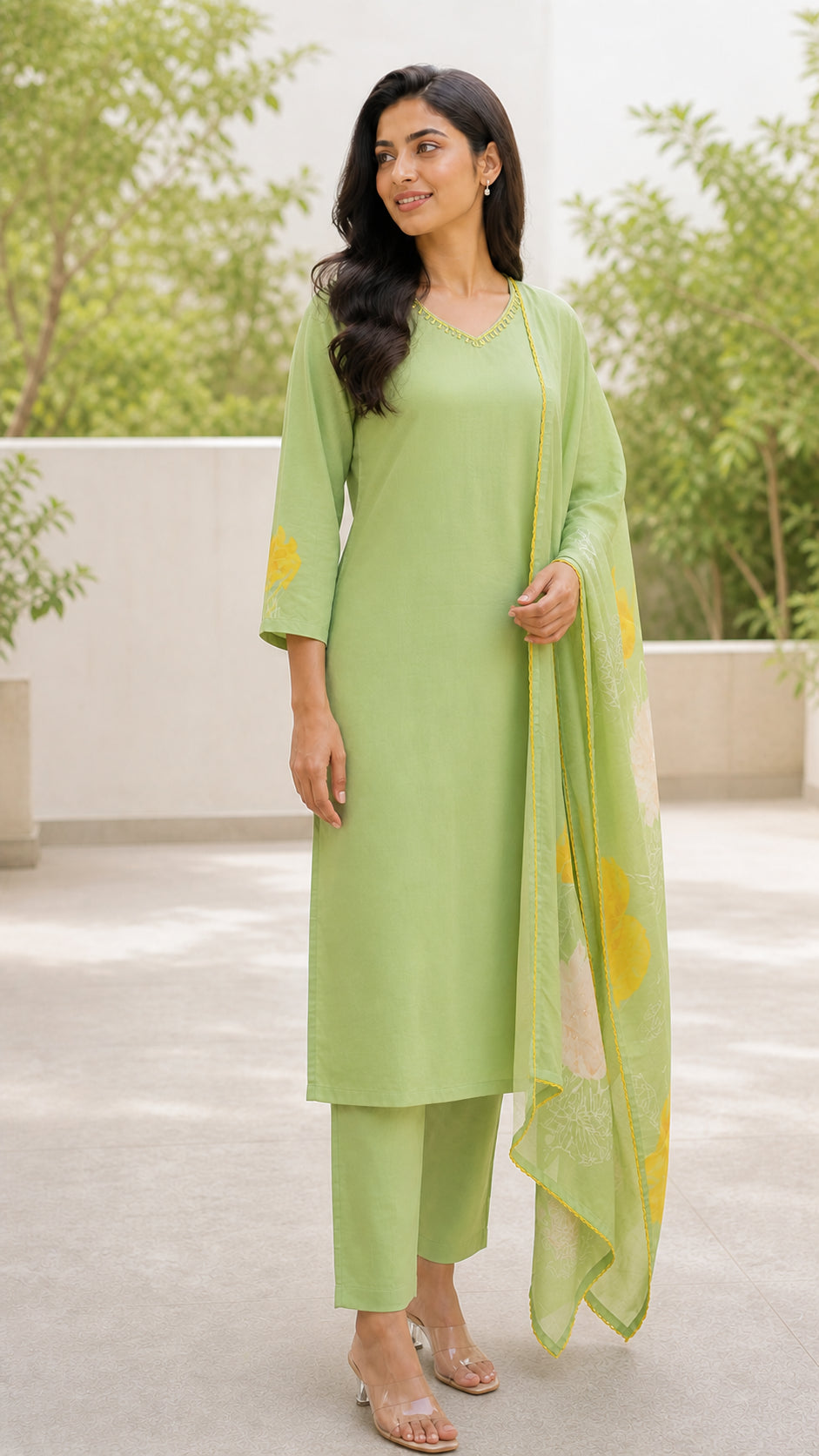 Peachmode Pista Green Muslin Blend Floral Printed Salwar Suit - Image 3