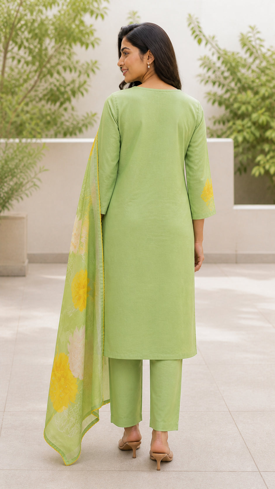 Peachmode Pista Green Muslin Blend Floral Printed Salwar Suit - Image 4