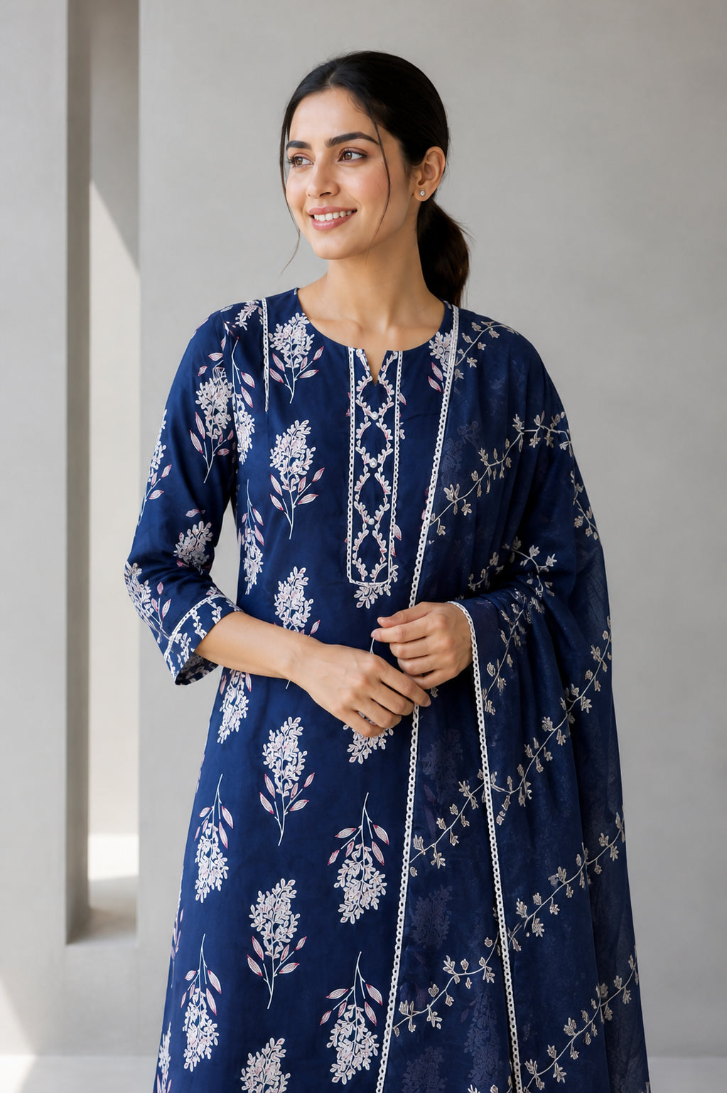Peachmode Navy Blue Pure Cotton Floral Printed Salwar Suit - Image 5