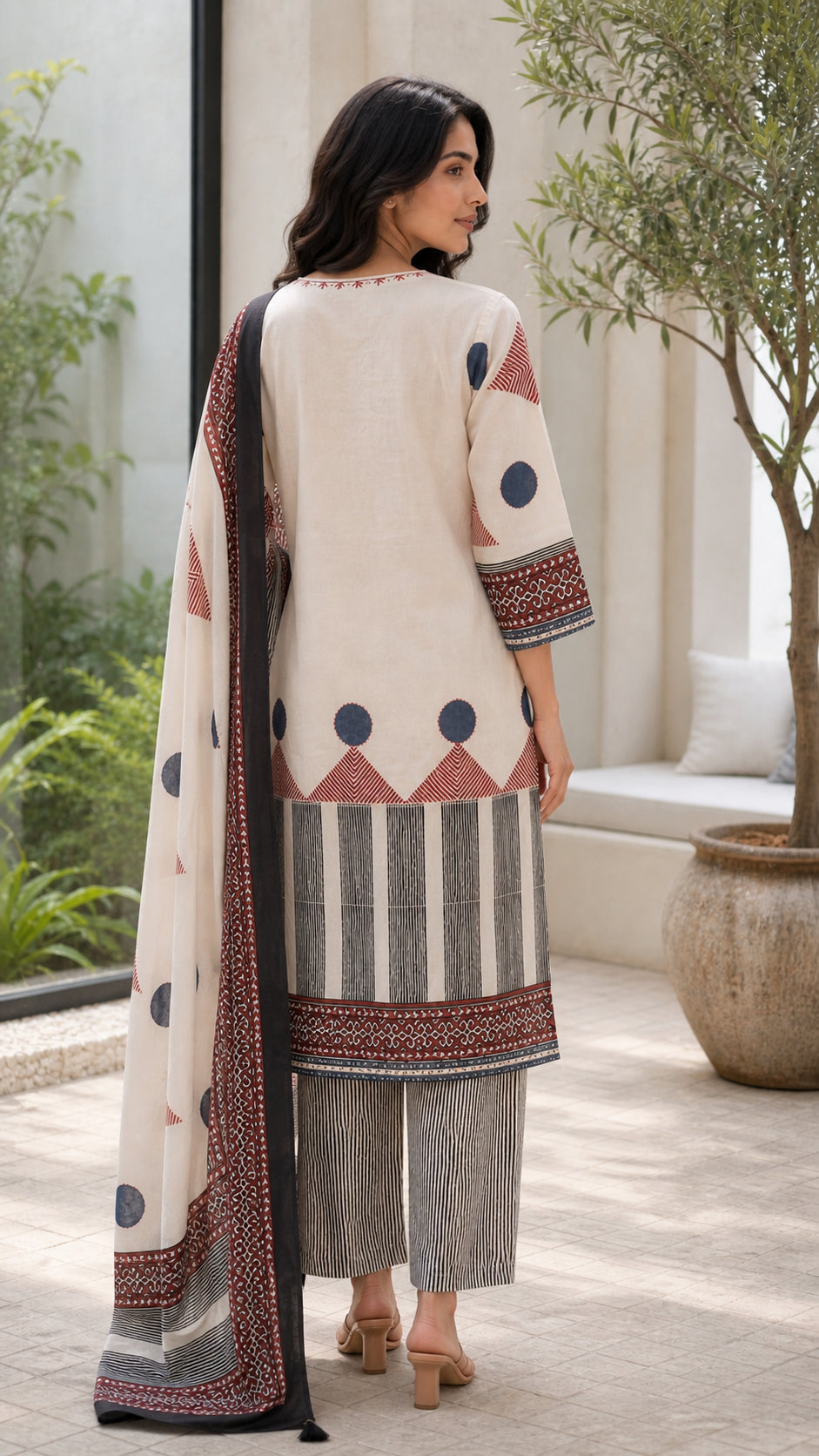 Peachmode Cream Pure Cotton Geometric Printed Salwar Suit - Image 4