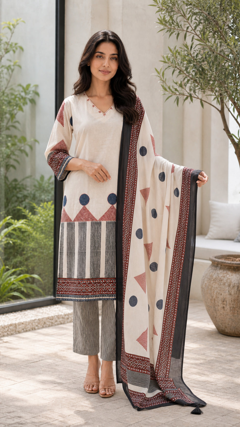 Peachmode Cream Pure Cotton Geometric Printed Salwar Suit - Image 5