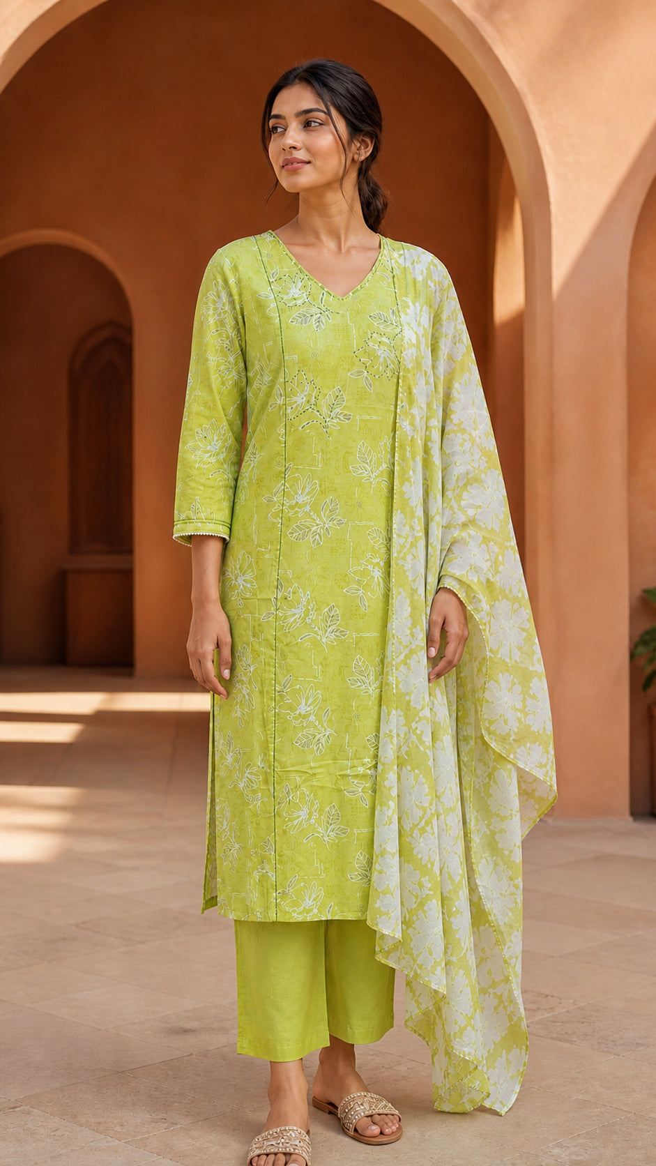 Peachmode Lime Green Pure Cotton Floral Printed Salwar Suit - Image 2