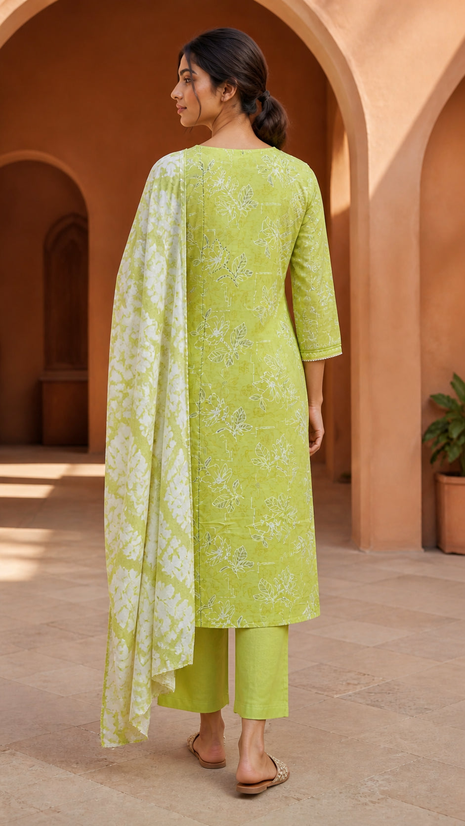 Peachmode Lime Green Pure Cotton Floral Printed Salwar Suit - Image 4