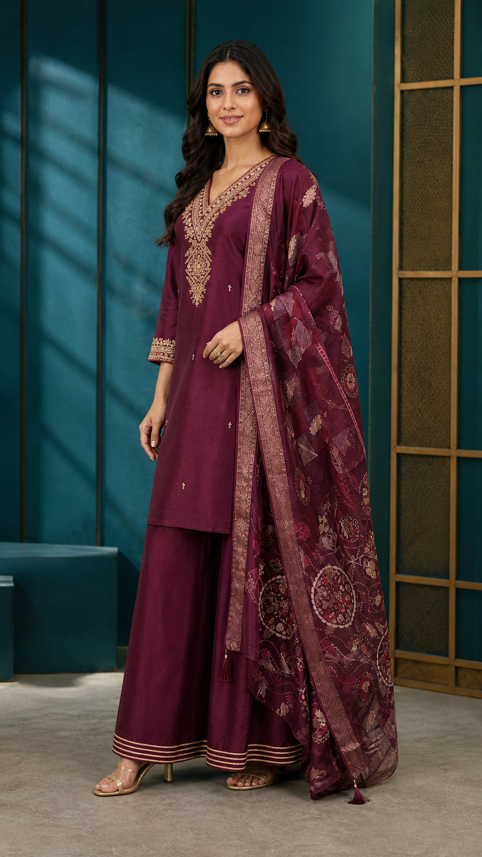 Peachmode Wine Roman Glass Gold Embroidered Sharara Salwar Suit - Image 3