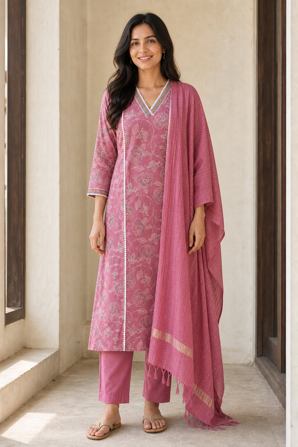 Peachmode Dusty Pink Viscose Blend Floral Printed Salwar Suit - Image 2