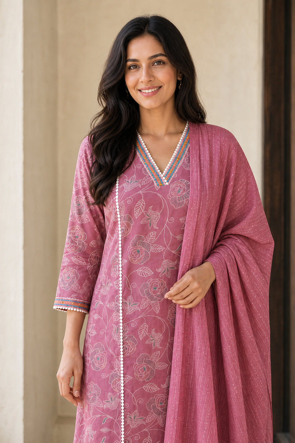 Peachmode Dusty Pink Viscose Blend Floral Printed Salwar Suit - Image 5