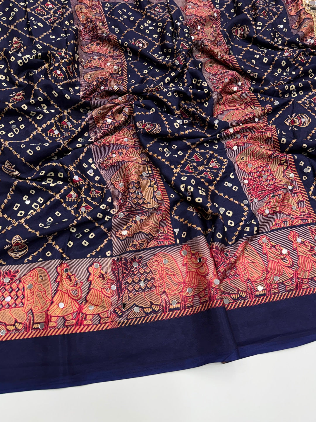 Peachmode Navy Blue Ajrakh Mirror Work Satin Viscose Silk Saree - Image 3
