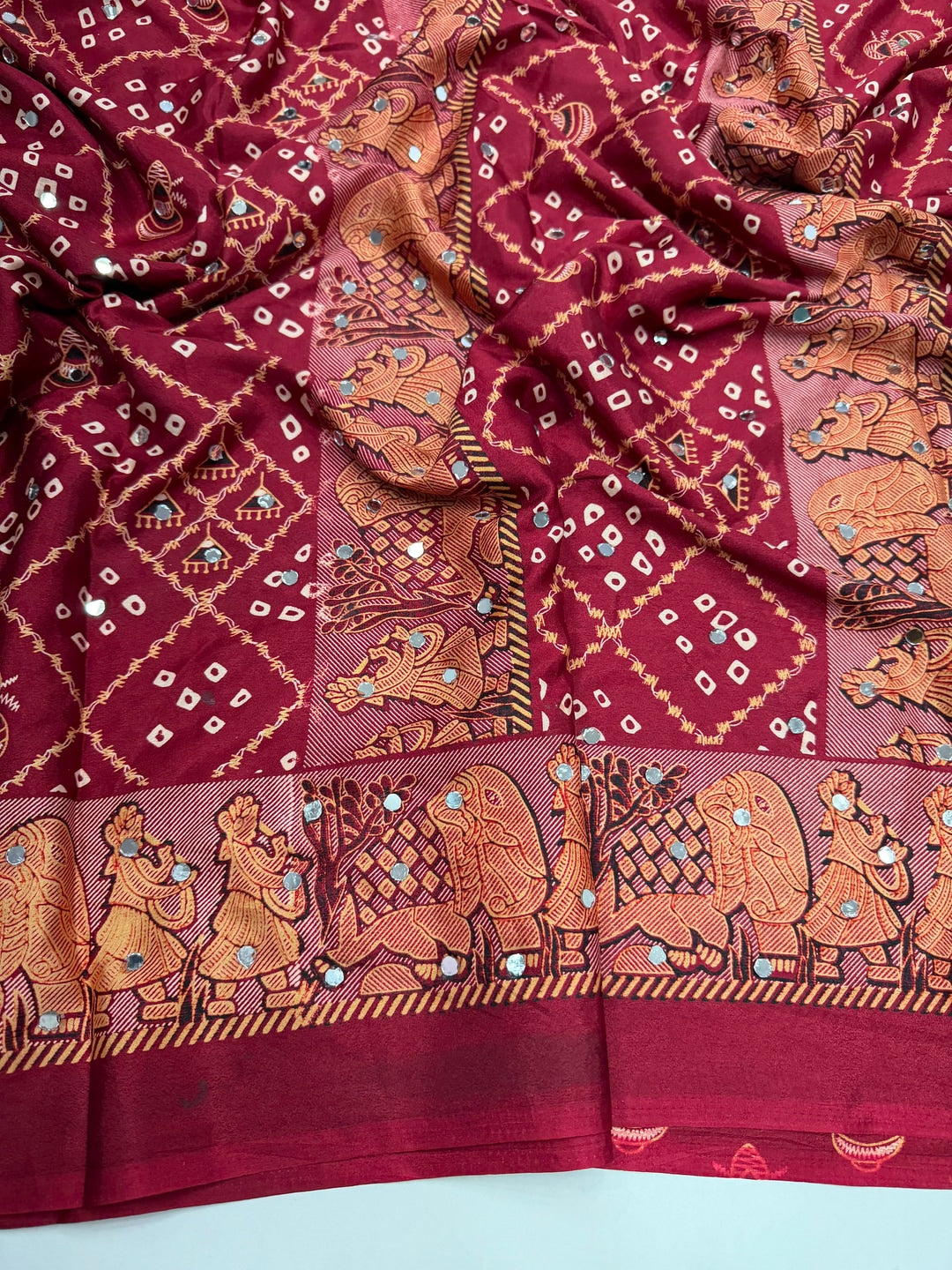 Peachmode Maroon Ajrakh Mirror Work Satin Viscose Silk Saree - Image 2
