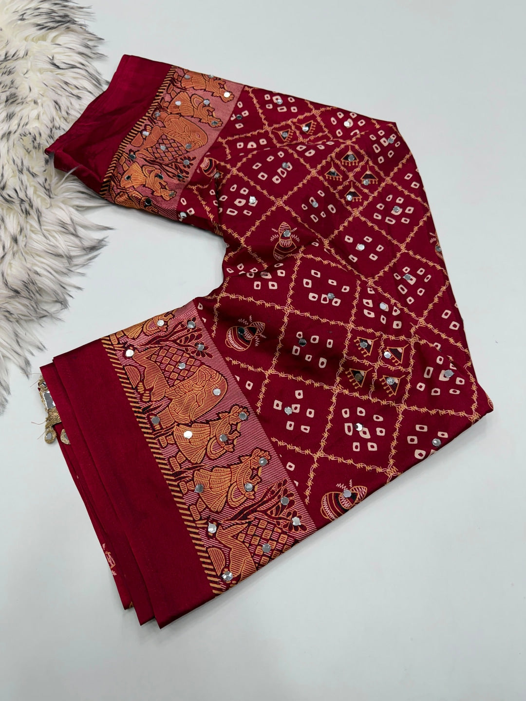 Peachmode Maroon Ajrakh Mirror Work Satin Viscose Silk Saree - Image 4