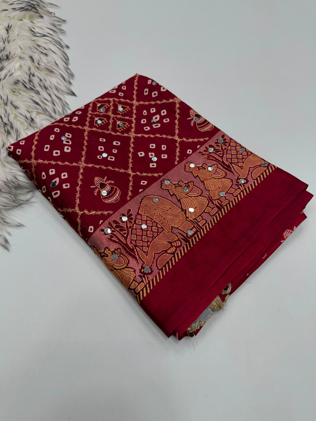 Peachmode Maroon Ajrakh Mirror Work Satin Viscose Silk Saree - Image 5