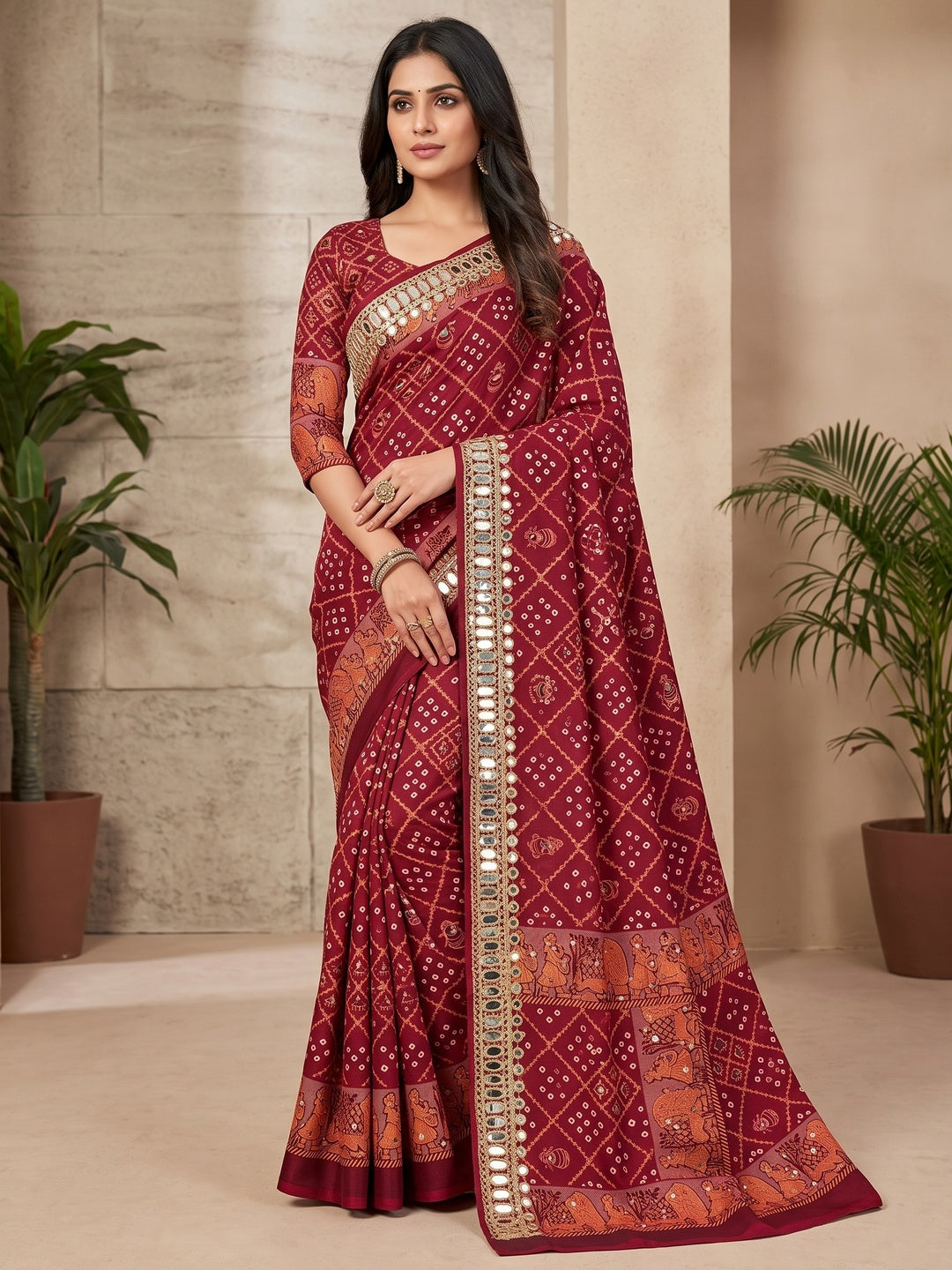 Peachmode Maroon Ajrakh Mirror Work Satin Viscose Silk Saree - Image 1