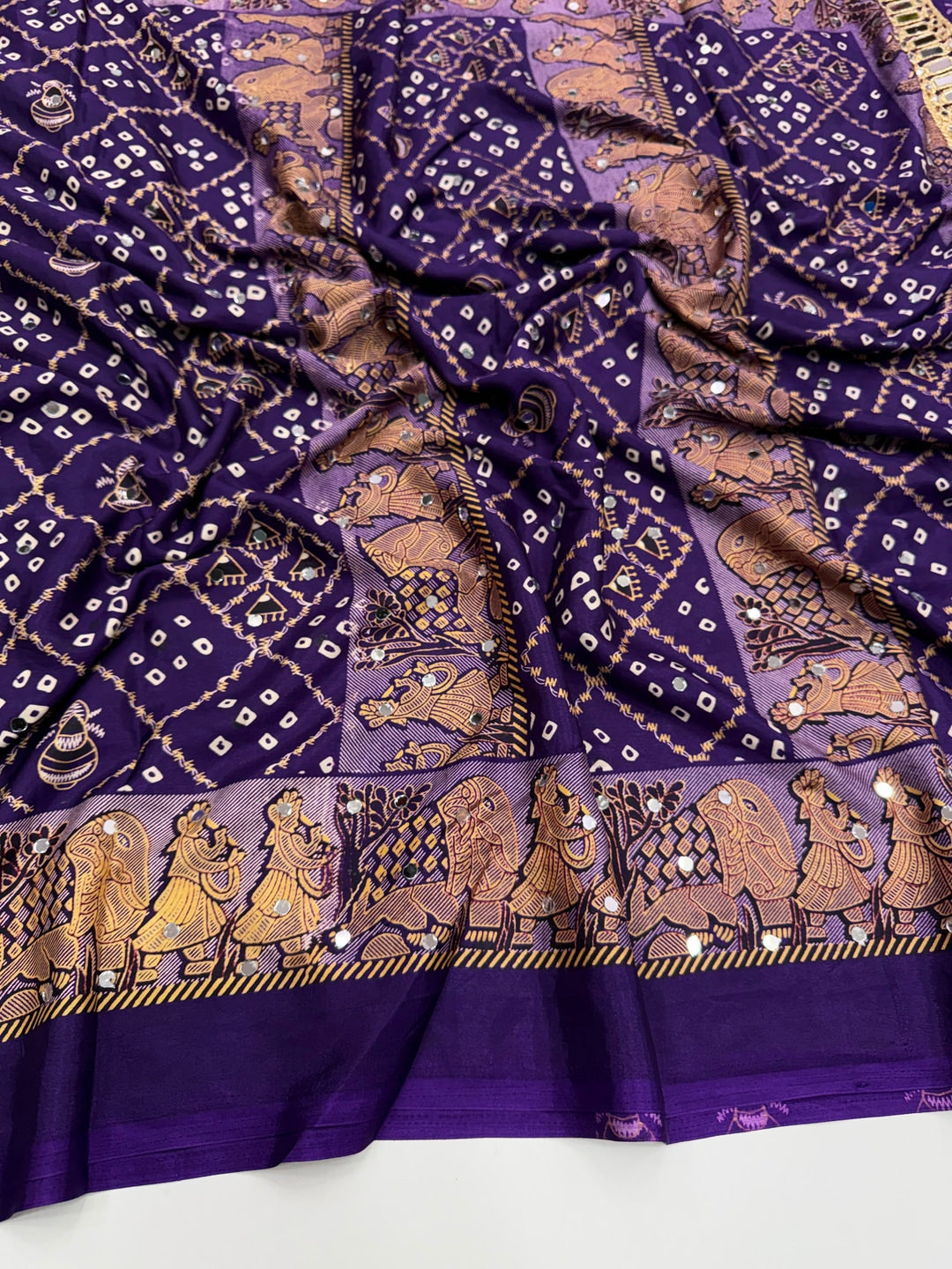 Peachmode Purple Ajrakh Mirror Work Satin Viscose Silk Saree - Image 2