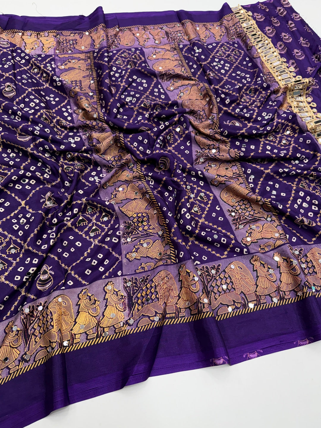 Peachmode Purple Ajrakh Mirror Work Satin Viscose Silk Saree - Image 3