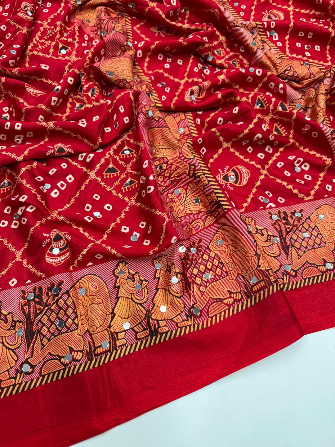 Peachmode Red Ajrakh Mirror Work Satin Viscose Silk Saree - Image 2
