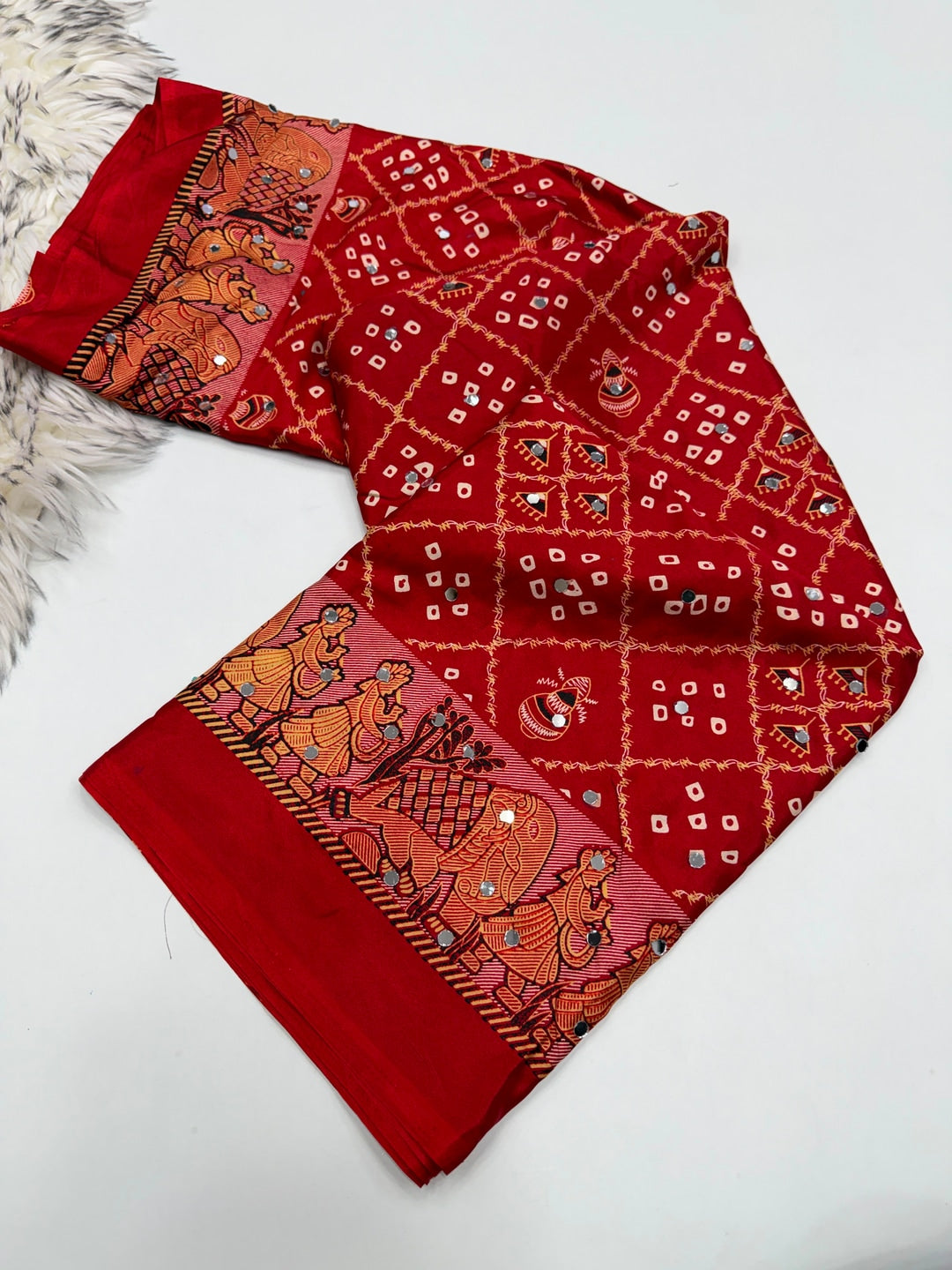 Peachmode Red Ajrakh Mirror Work Satin Viscose Silk Saree - Image 4