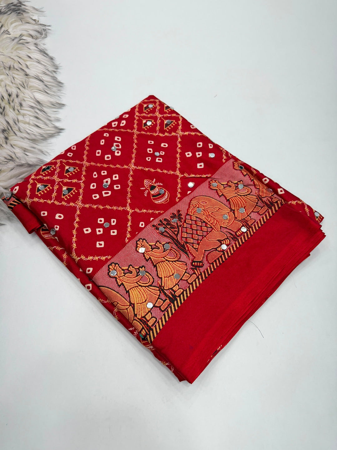Peachmode Red Ajrakh Mirror Work Satin Viscose Silk Saree - Image 5