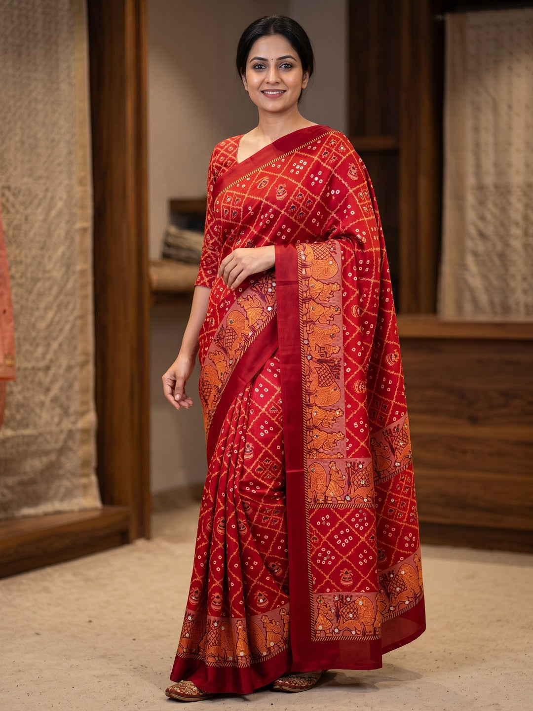 Peachmode Red Ajrakh Mirror Work Satin Viscose Silk Saree - Image 1