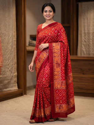 Peachmode Red Ajrakh Mirror Work Satin Viscose Silk Saree - Image 1