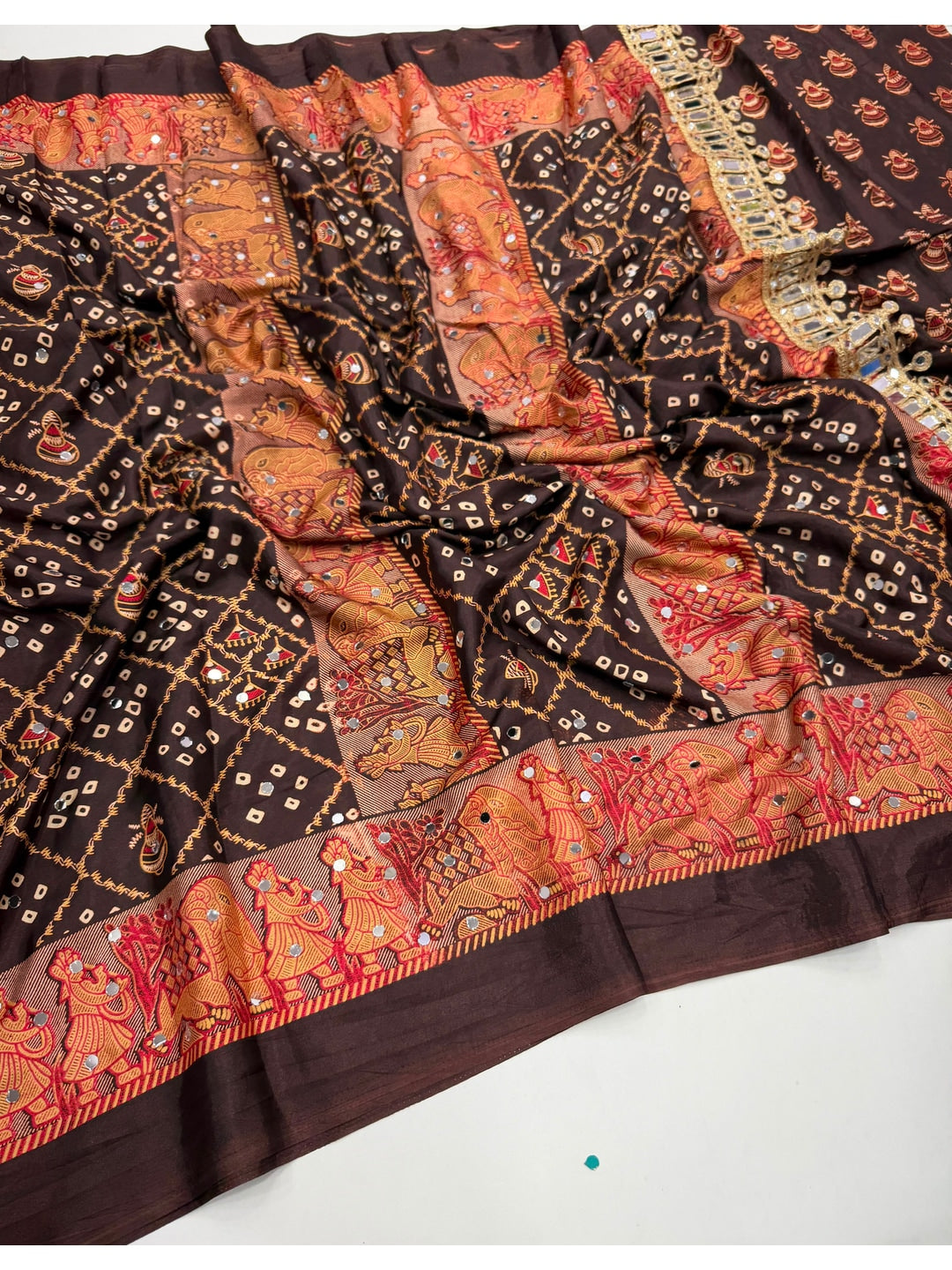 Peachmode Brown Ajrakh Mirror Work Satin Viscose Silk Saree - Image 2