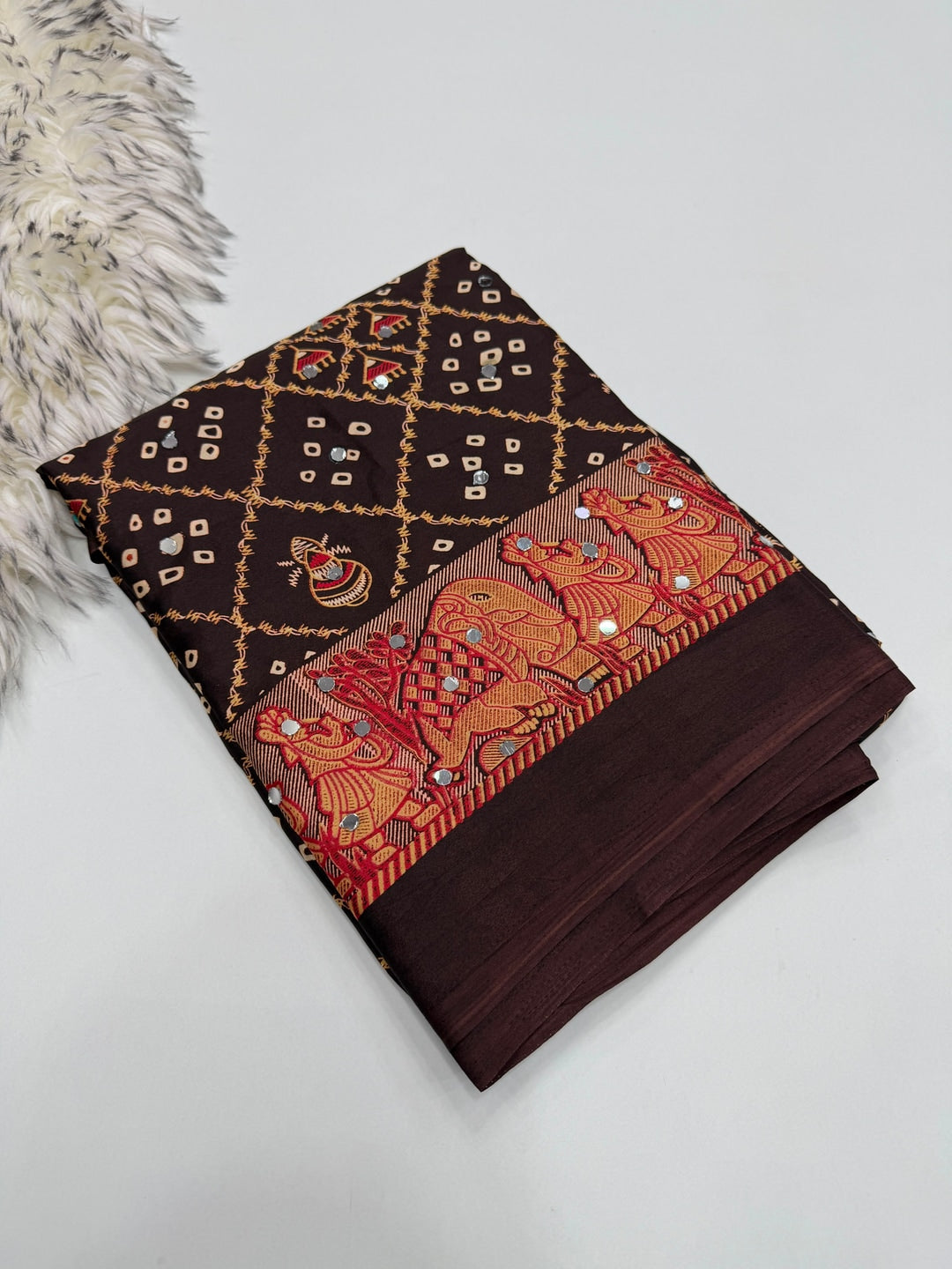 Peachmode Brown Ajrakh Mirror Work Satin Viscose Silk Saree - Image 5
