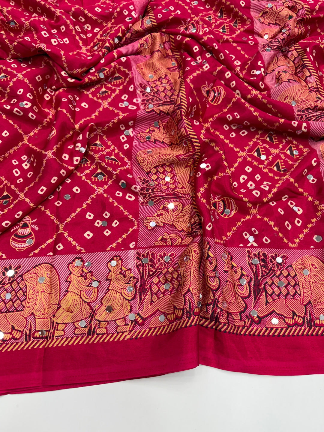 Peachmode Magenta Ajrakh Mirror Work Satin Viscose Silk Saree - Image 2