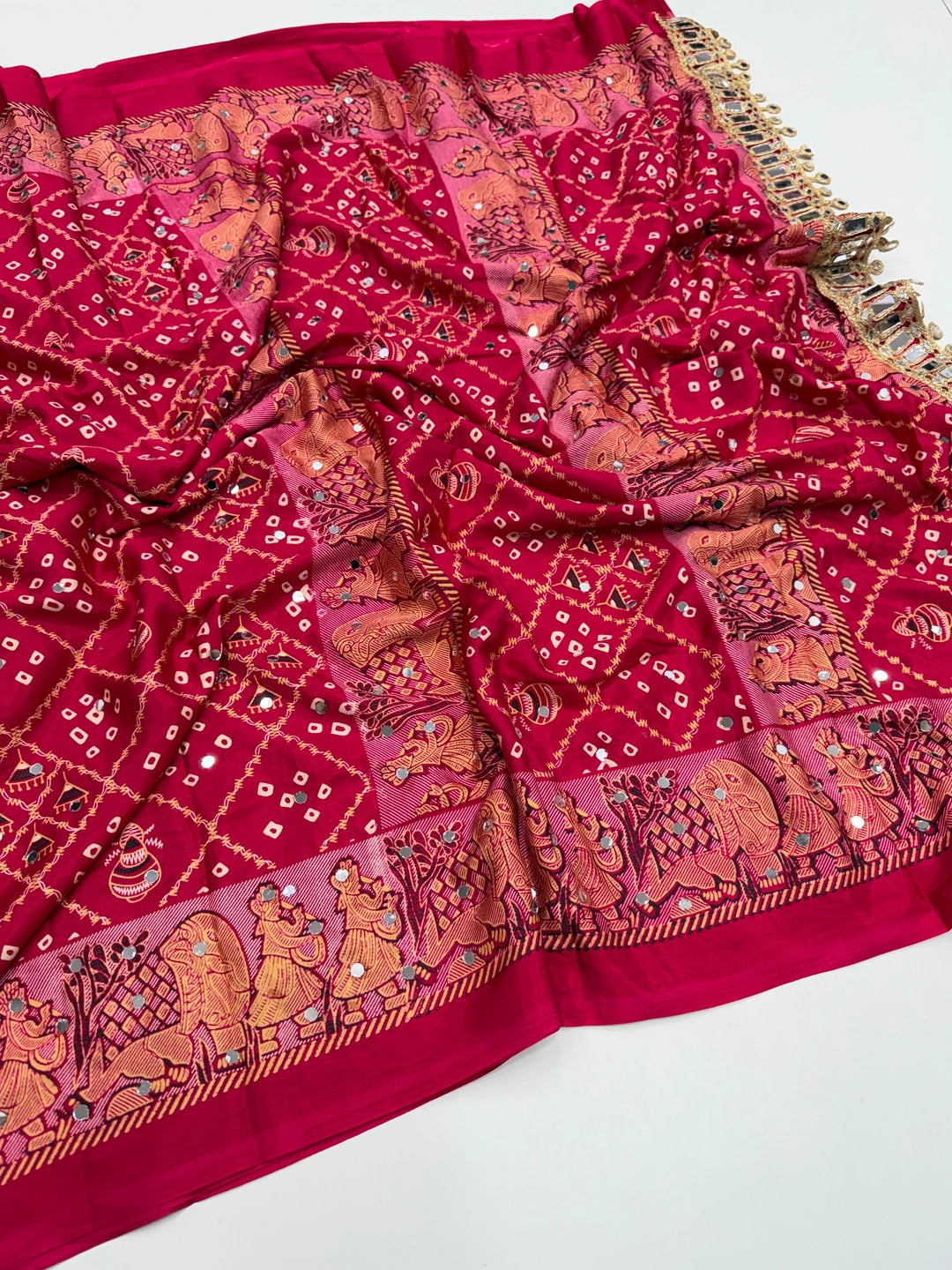 Peachmode Magenta Ajrakh Mirror Work Satin Viscose Silk Saree - Image 3