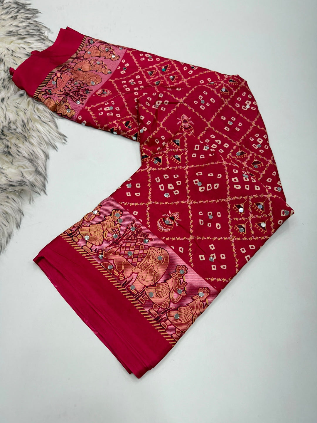 Peachmode Magenta Ajrakh Mirror Work Satin Viscose Silk Saree - Image 4