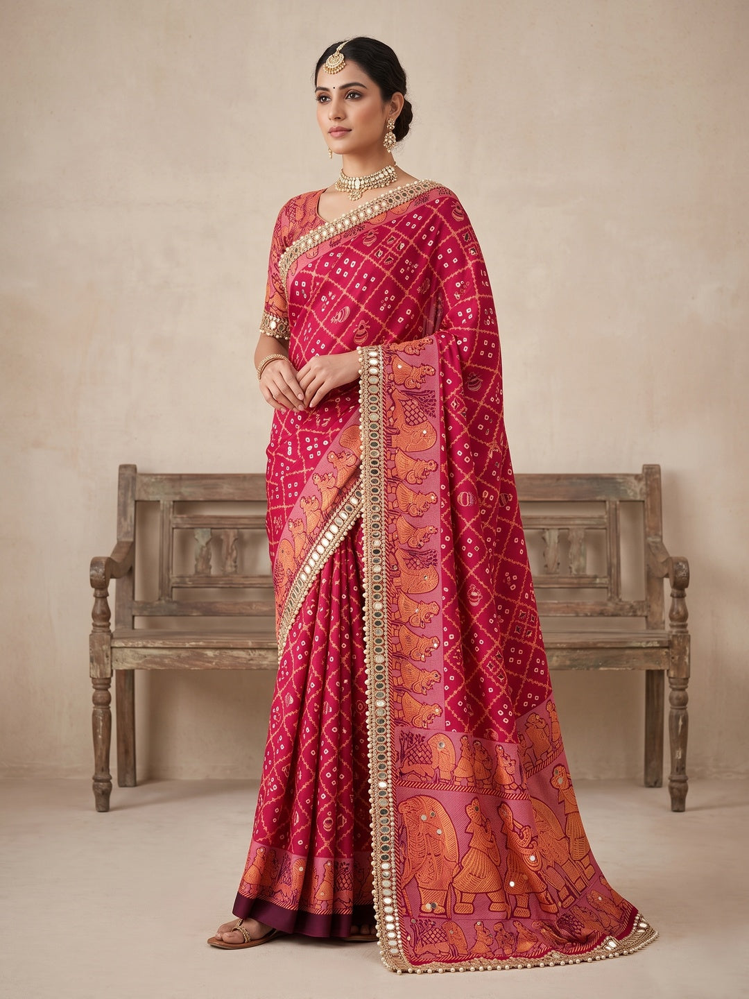 Peachmode Magenta Ajrakh Mirror Work Satin Viscose Silk Saree - Image 1