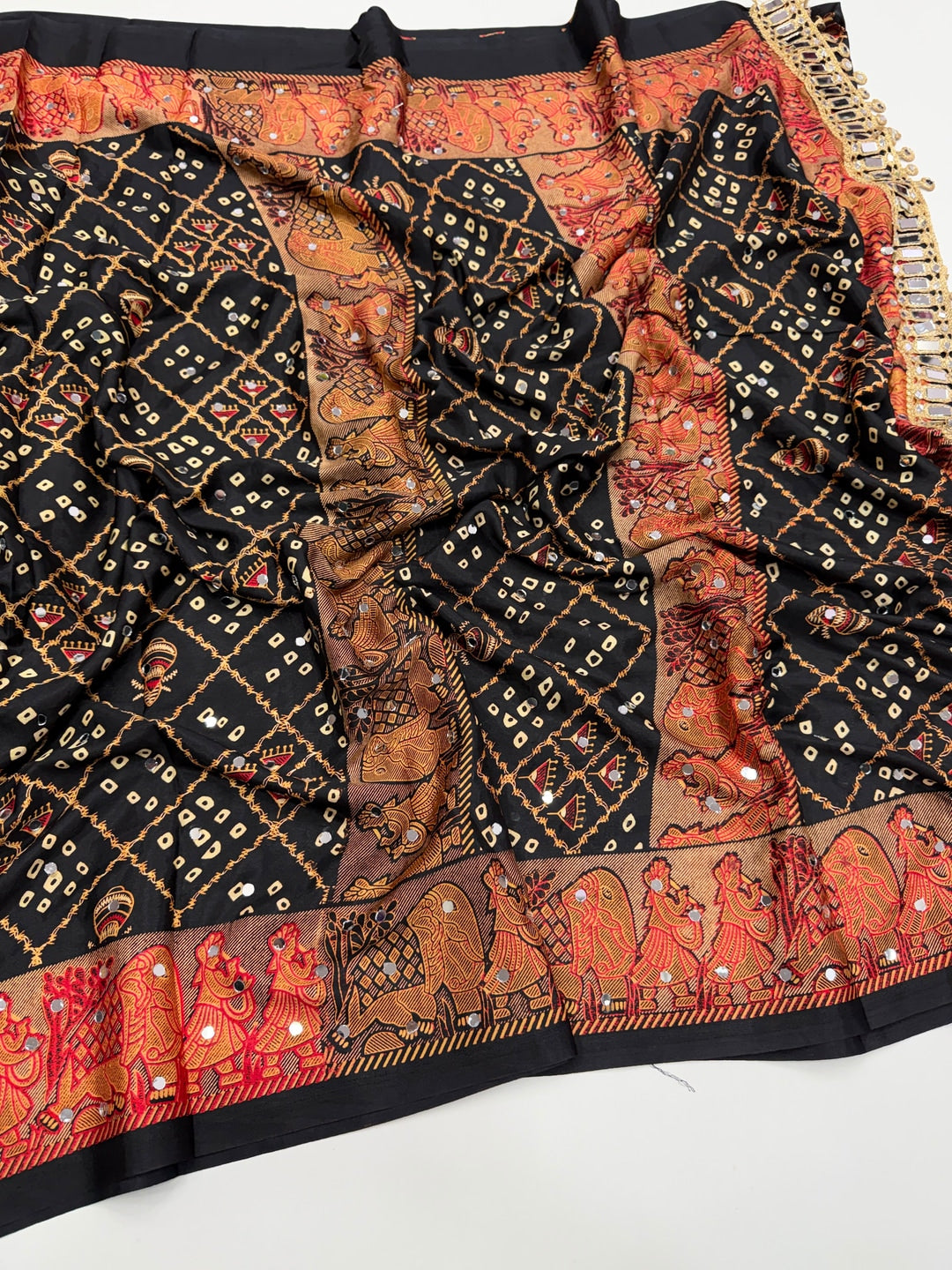 Peachmode Black Ajrakh Mirror Work Satin Viscose Silk Saree - Image 3