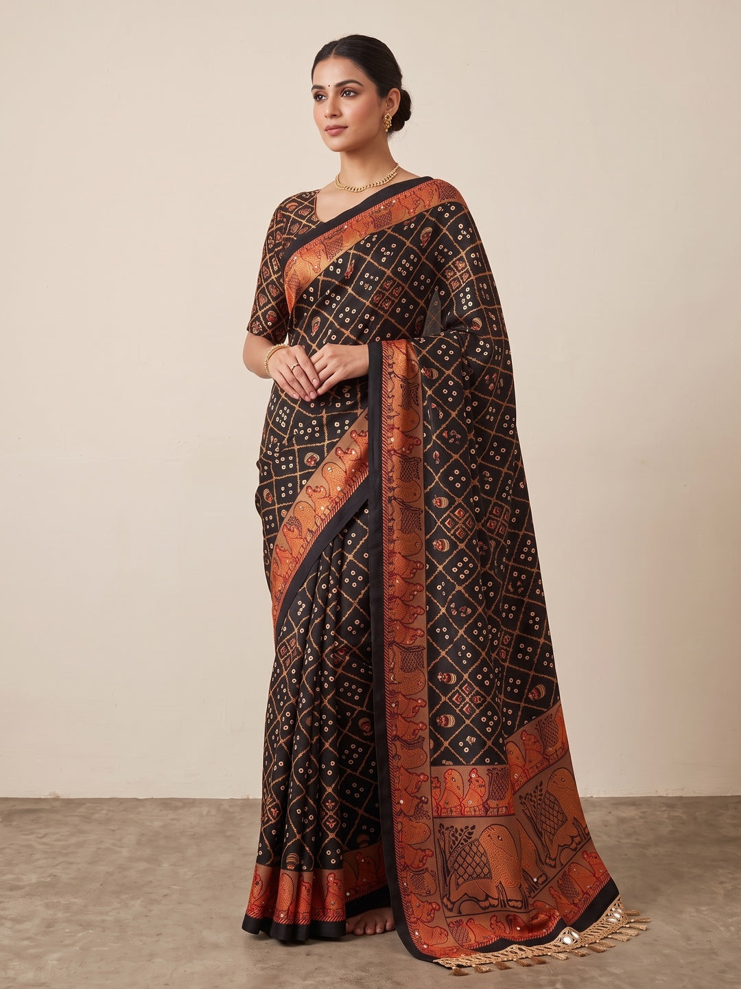 Peachmode Black Ajrakh Mirror Work Satin Viscose Silk Saree - Image 1