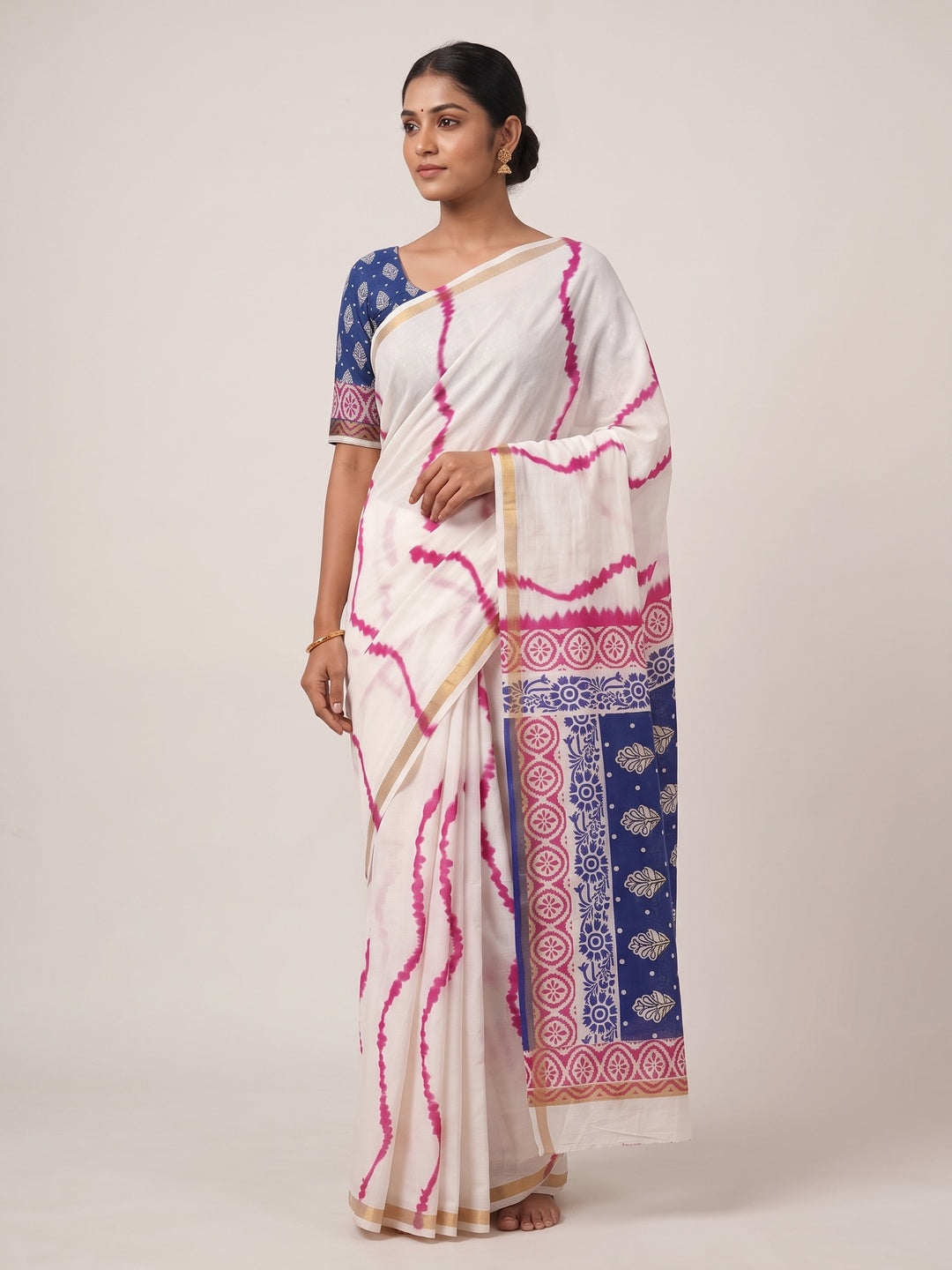 Peachmode Pink Leheriya Kalamkari Mul Cotton Saree - Image 5