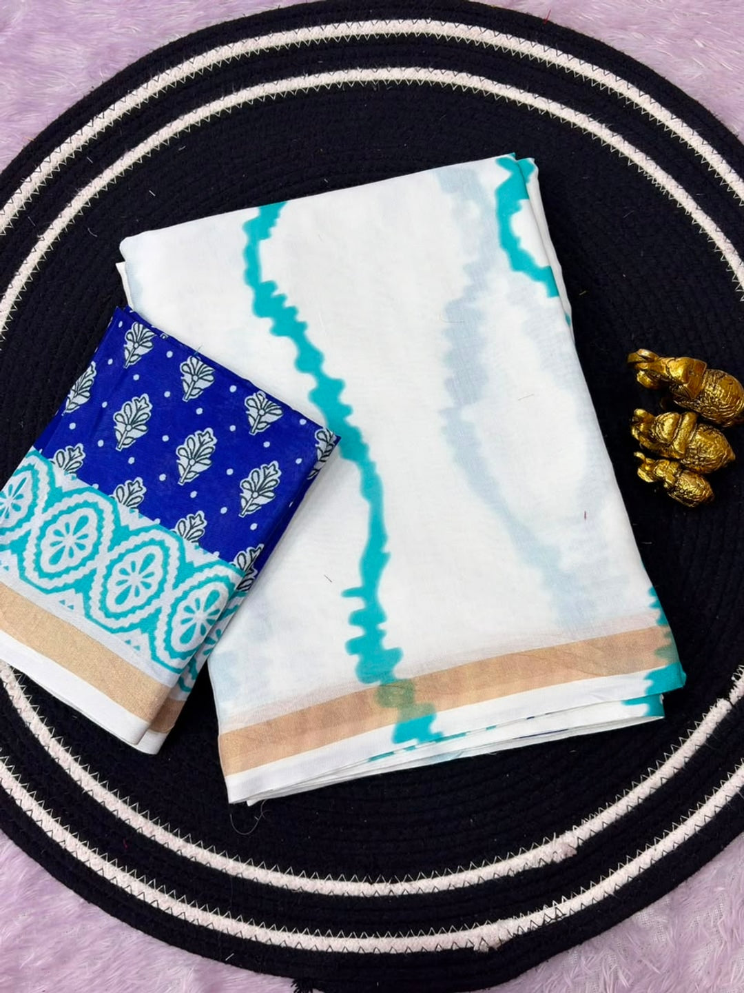 Peachmode Rama Blue Leheriya Kalamkari Mul Cotton Saree - Image 2