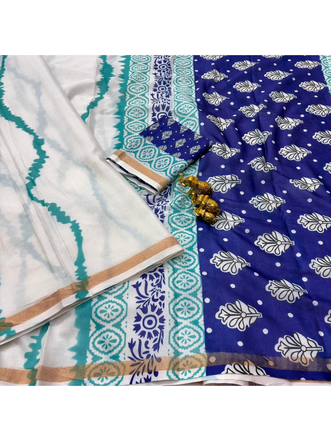 Peachmode Rama Blue Leheriya Kalamkari Mul Cotton Saree - Image 3