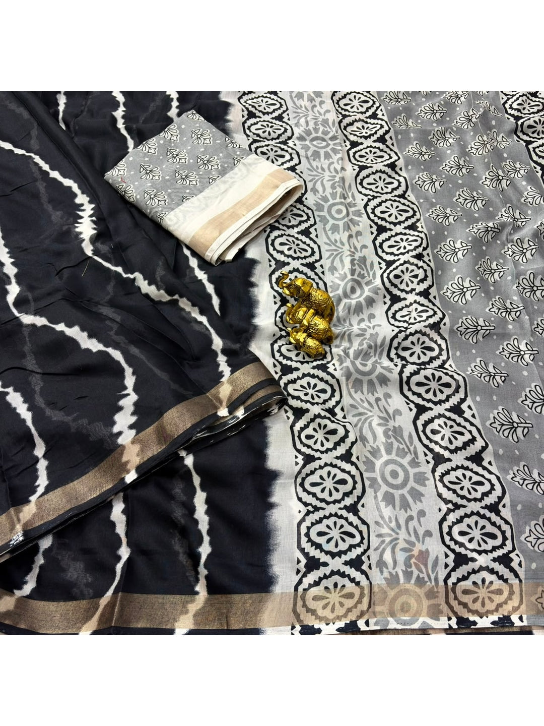 Peachmode Black Leheriya Kalamkari Mul Cotton Saree - Image 2