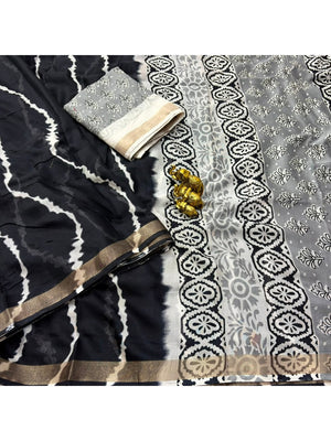 Peachmode Black Leheriya Kalamkari Mul Cotton Saree - Image 2