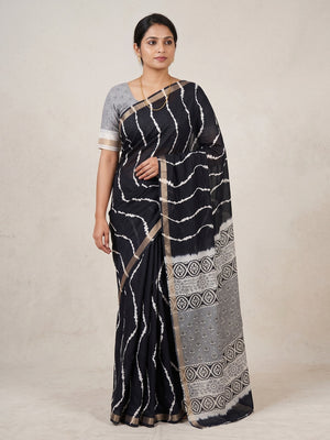 Peachmode Black Leheriya Kalamkari Mul Cotton Saree - Image 1