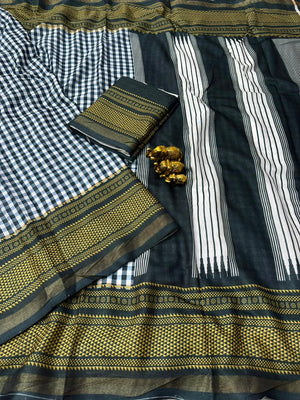 Peachmode Black Checkered Mul Cotton Saree - Image 2