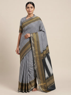 Peachmode Black Checkered Mul Cotton Saree - Image 1